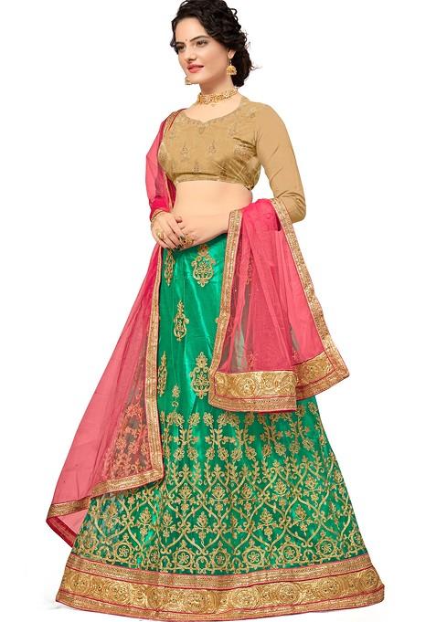Green Embroidered Net Lehenga Set