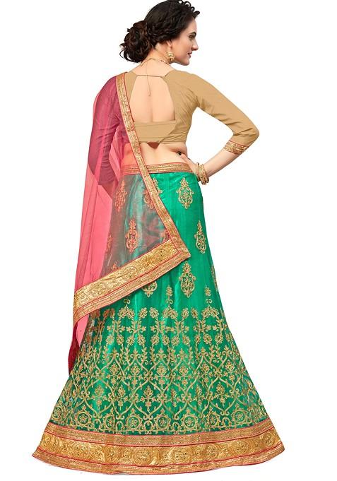 Green Embroidered Net Lehenga Set