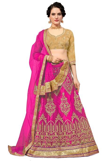 Pink Embroidered Net Lehenga Set