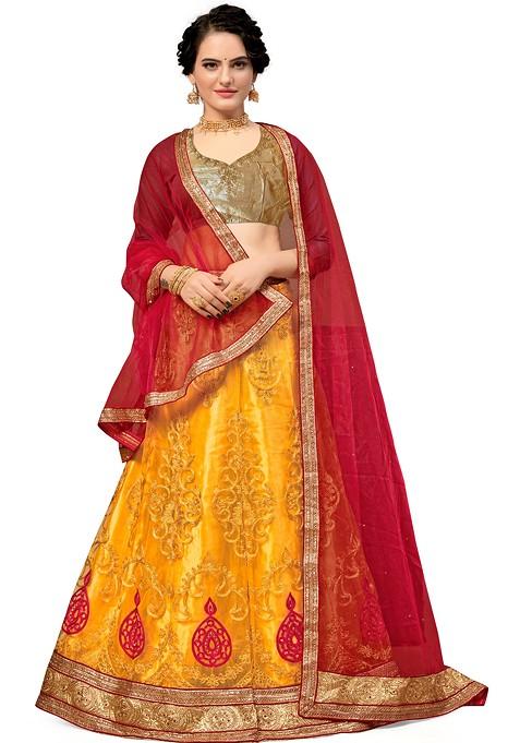 Yellow Embroidered Net Lehenga Set