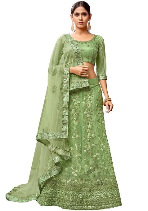 Light Green Embroidered Net Lehenga Set