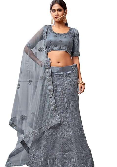 Grey Embroidered Net Lehenga Set