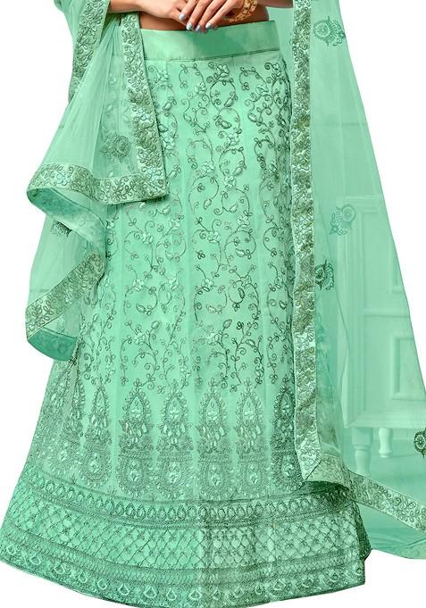 Sea Green Embroidered Net Lehenga Set