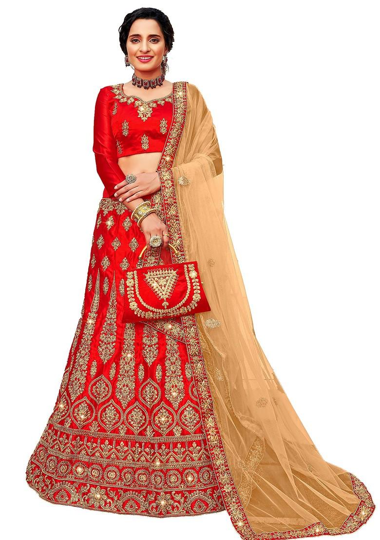 Red Embroidered Satin Silk Lehenga Set