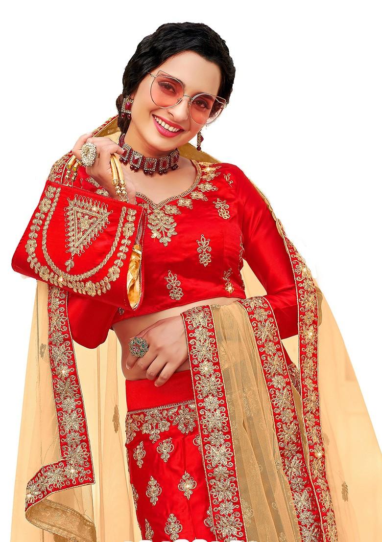 Red Embroidered Satin Silk Lehenga Set