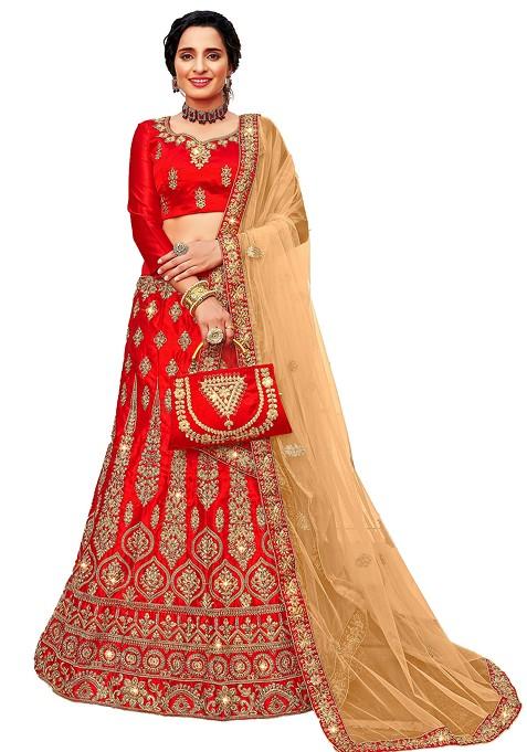 Red Embroidered Satin Silk Lehenga Set