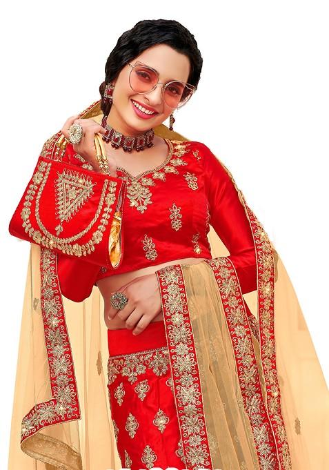 Red Embroidered Satin Silk Lehenga Set