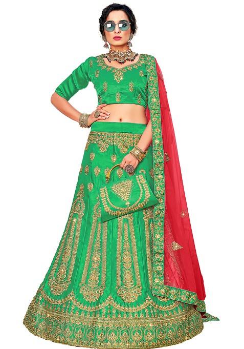 Green Embroidered Satin Silk Lehenga Set