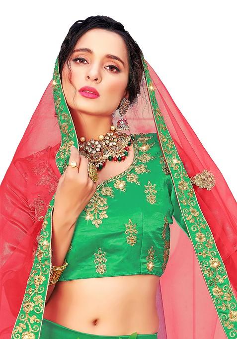 Green Embroidered Satin Silk Lehenga Set