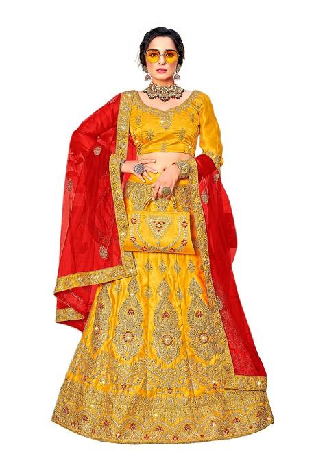 Yellow Embroidered Satin Silk Lehenga Set