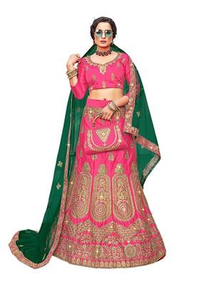 Pink Embroidered Satin Silk Lehenga Set