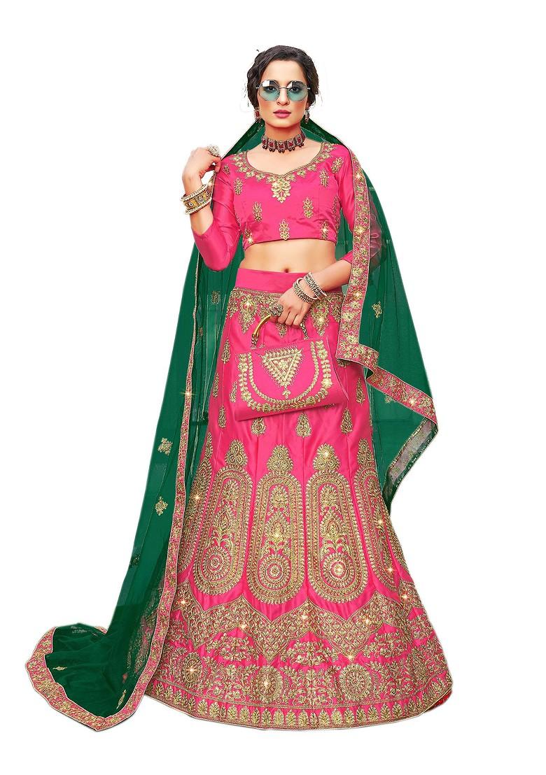 Pink Embroidered Satin Silk Lehenga Set