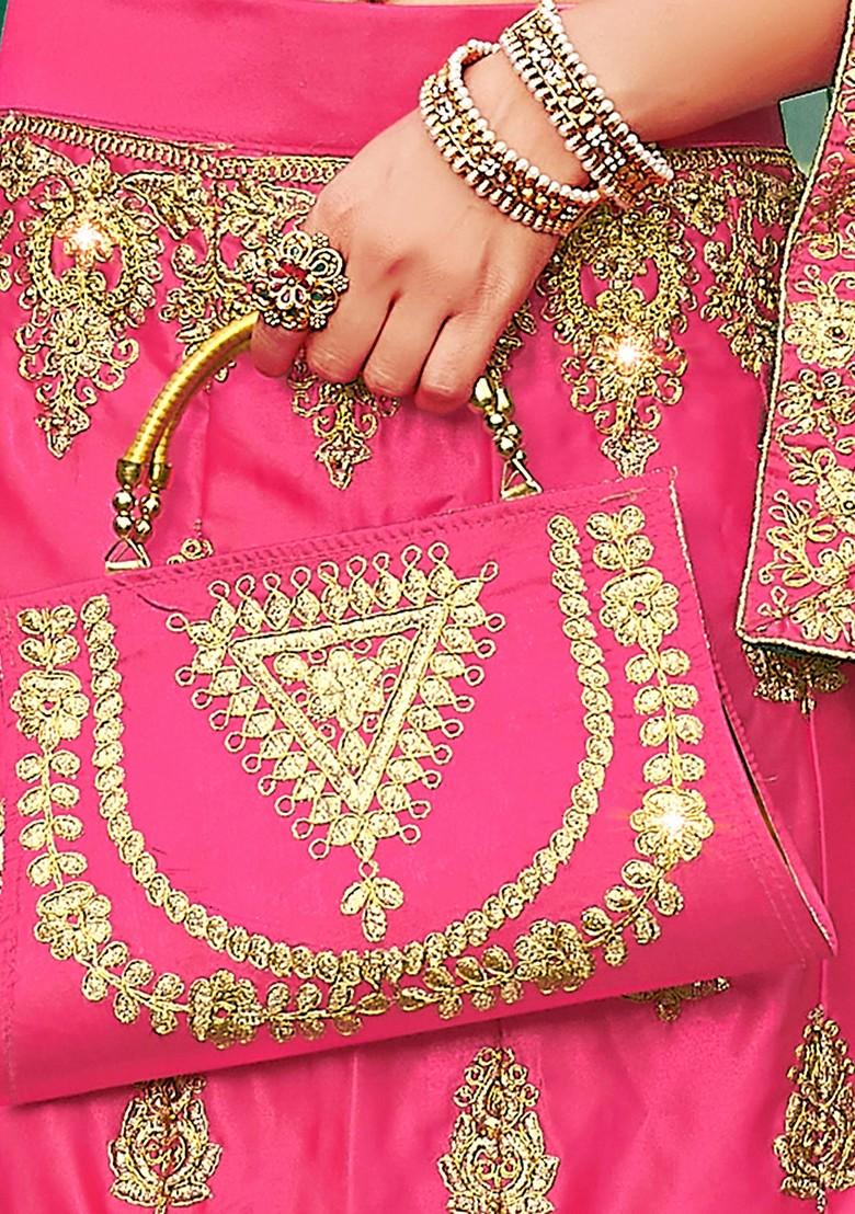 Pink Embroidered Satin Silk Lehenga Set