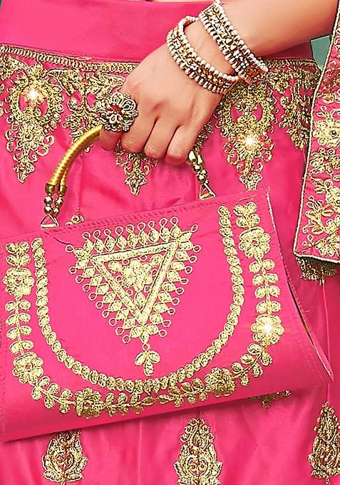 Pink Embroidered Satin Silk Lehenga Set