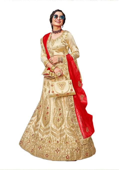 Beige Embroidered Satin Silk Lehenga Set