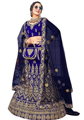 Blue Embroidered Satin Silk Lehenga Set