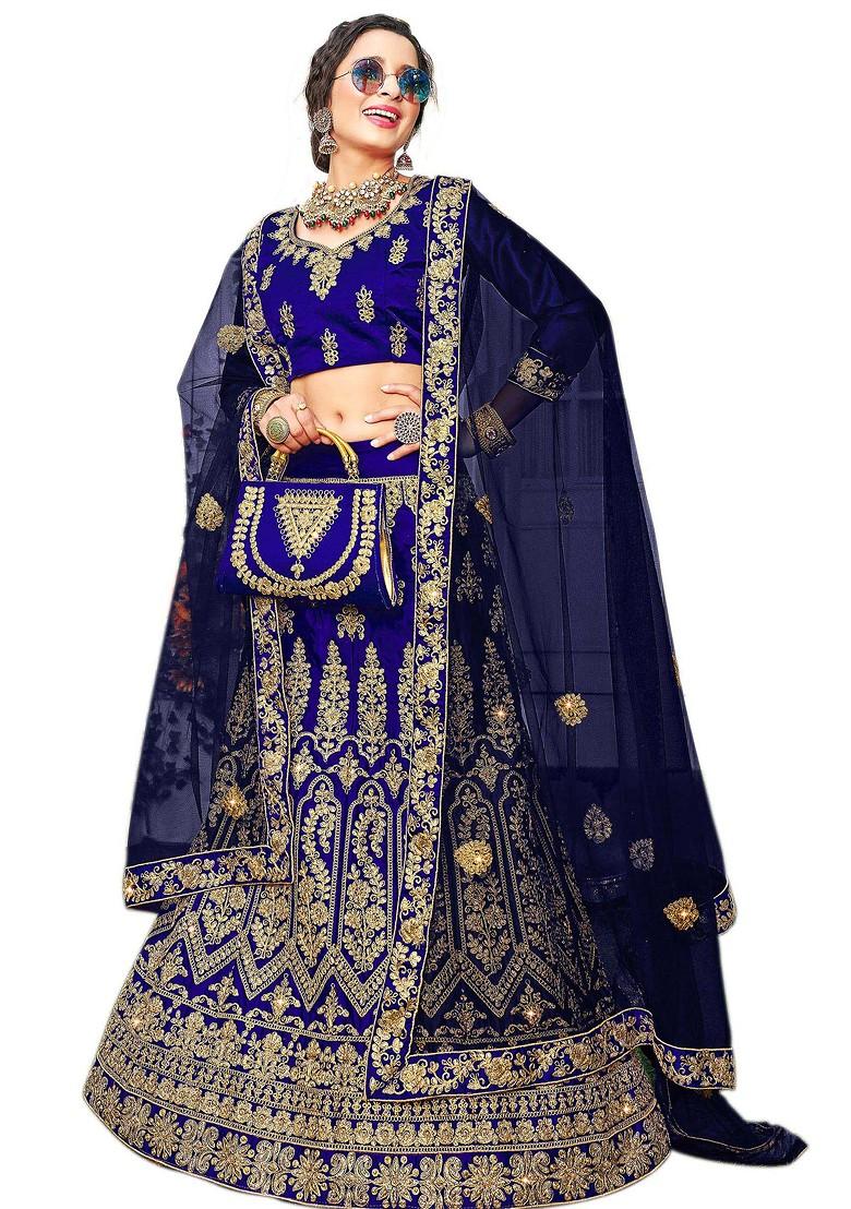Blue Embroidered Satin Silk Lehenga Set