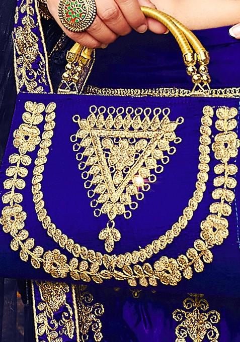 Blue Embroidered Satin Silk Lehenga Set