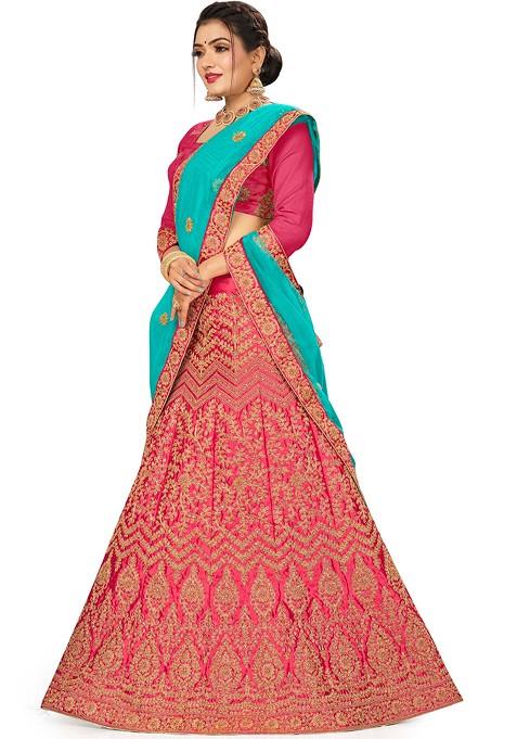 Pink Embroidered Silk Lehenga Set