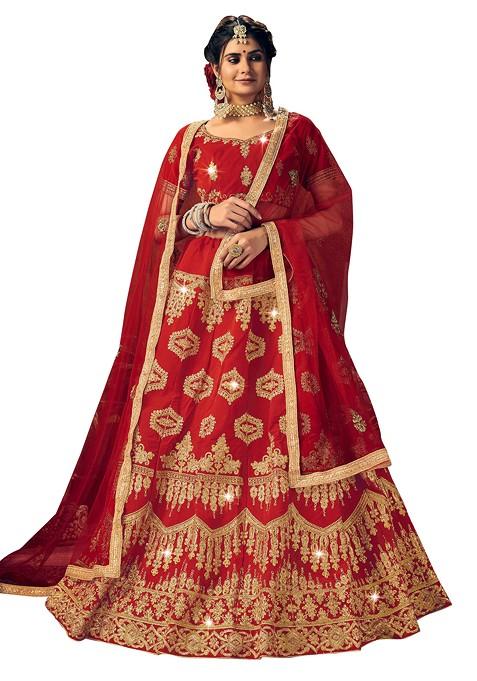 Red Embroidered Velvet Lehenga Set