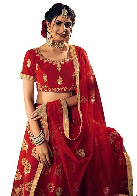 Red Embroidered Velvet Lehenga Set