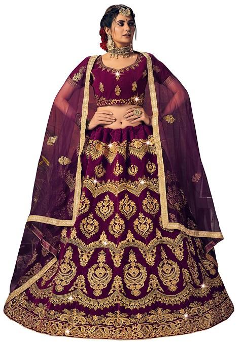 Purple Embroidered Velvet Lehenga Set