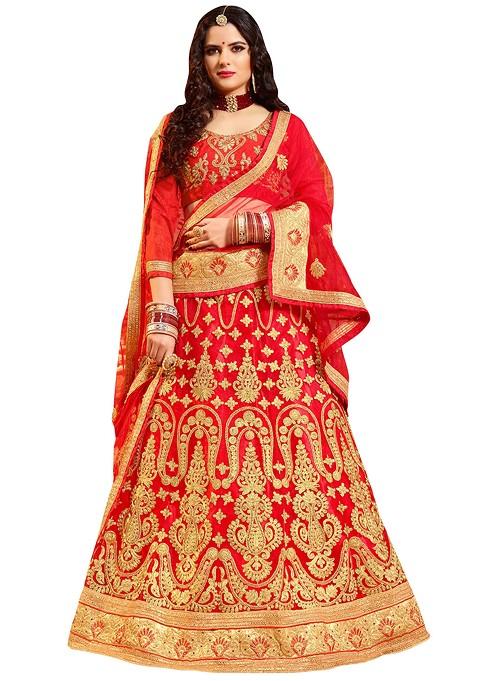 Red Embroidered Net Lehenga Set