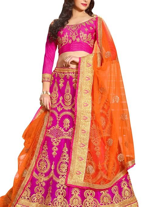 Pink Embroidered Net Lehenga Set