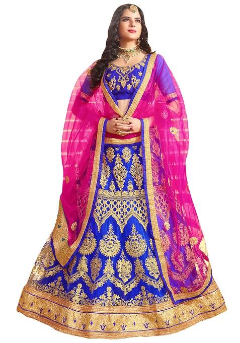 Blue Embroidered Net Lehenga Set