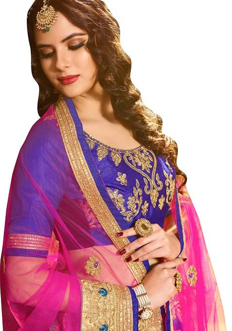 Blue Embroidered Net Lehenga Set