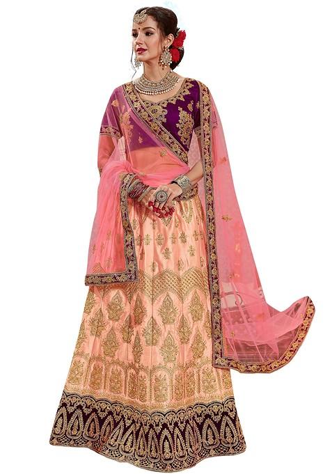 Peach Embroidered Satin Silk Lehenga Set