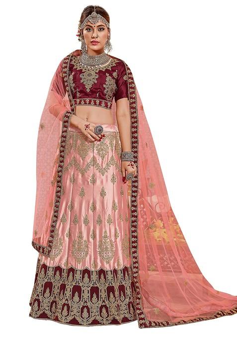 Peach Embroidered Satin Silk Lehenga Set