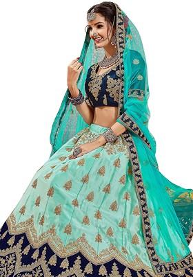Light Blue Embroidered Satin Silk Lehenga Set