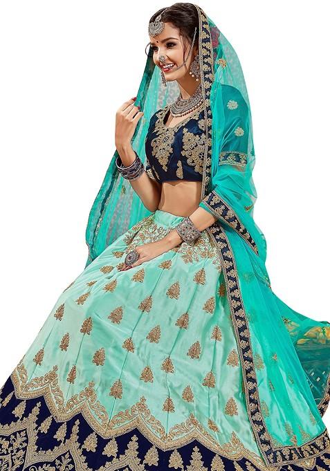 Light Blue Embroidered Satin Silk Lehenga Set