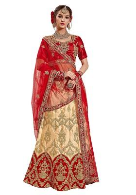 Beige Embroidered Satin Silk Lehenga Set