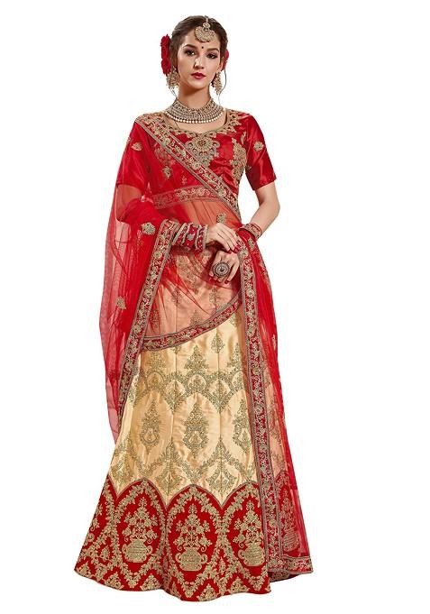 Beige Embroidered Satin Silk Lehenga Set