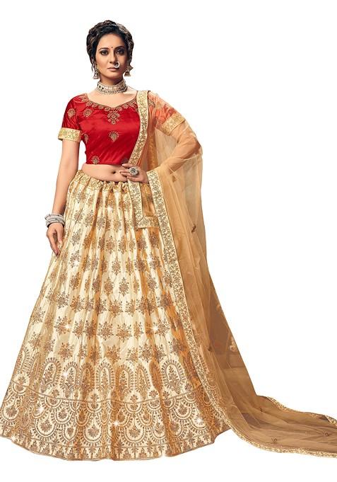 Beige Embroidered Satin Silk Lehenga Set