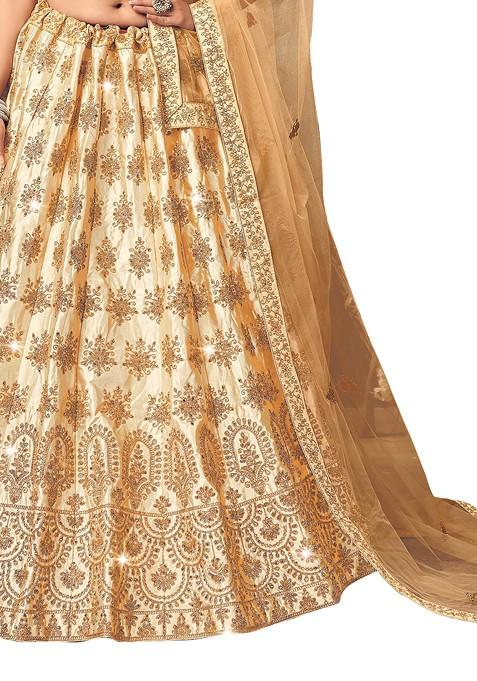 Beige Embroidered Satin Silk Lehenga Set