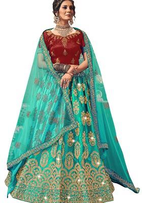 Firozi Embroidered Satin Silk Blend Lehenga Set