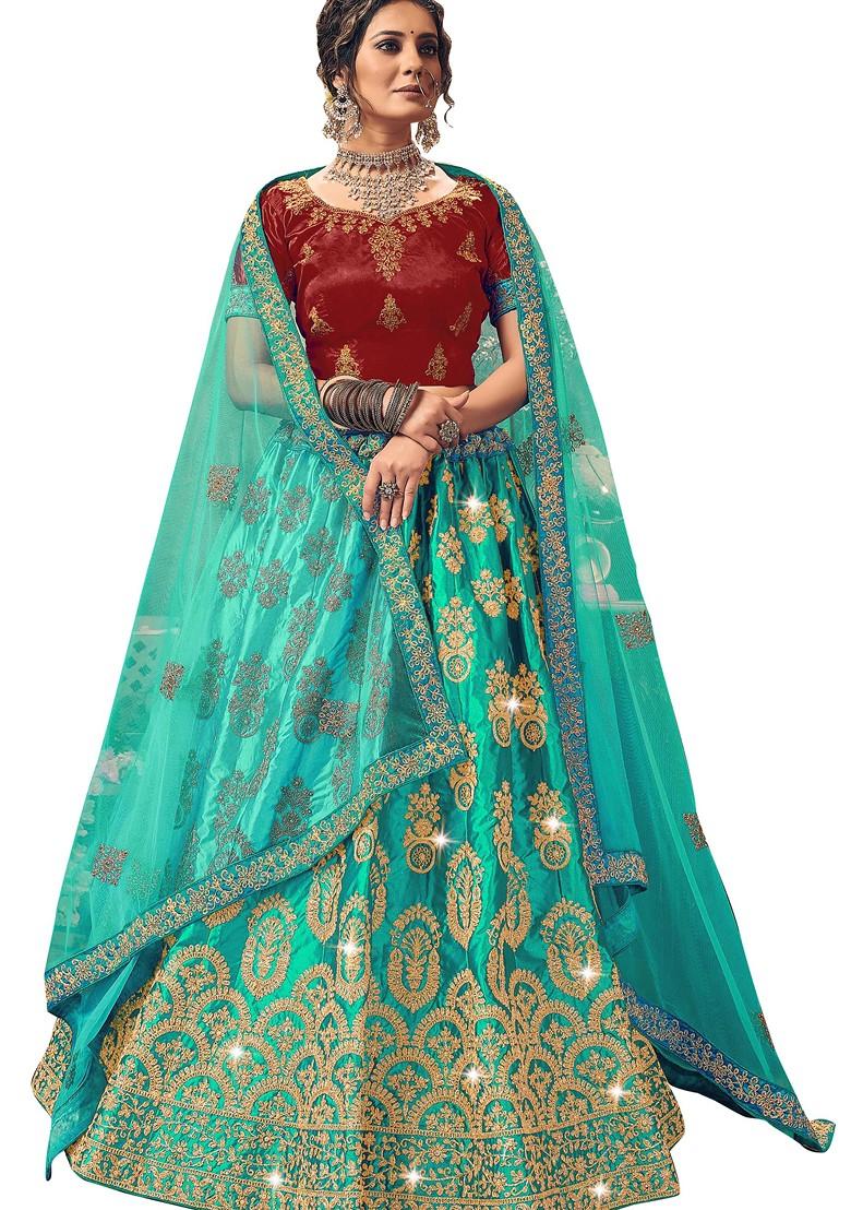 Firozi Embroidered Satin Silk Lehenga Set