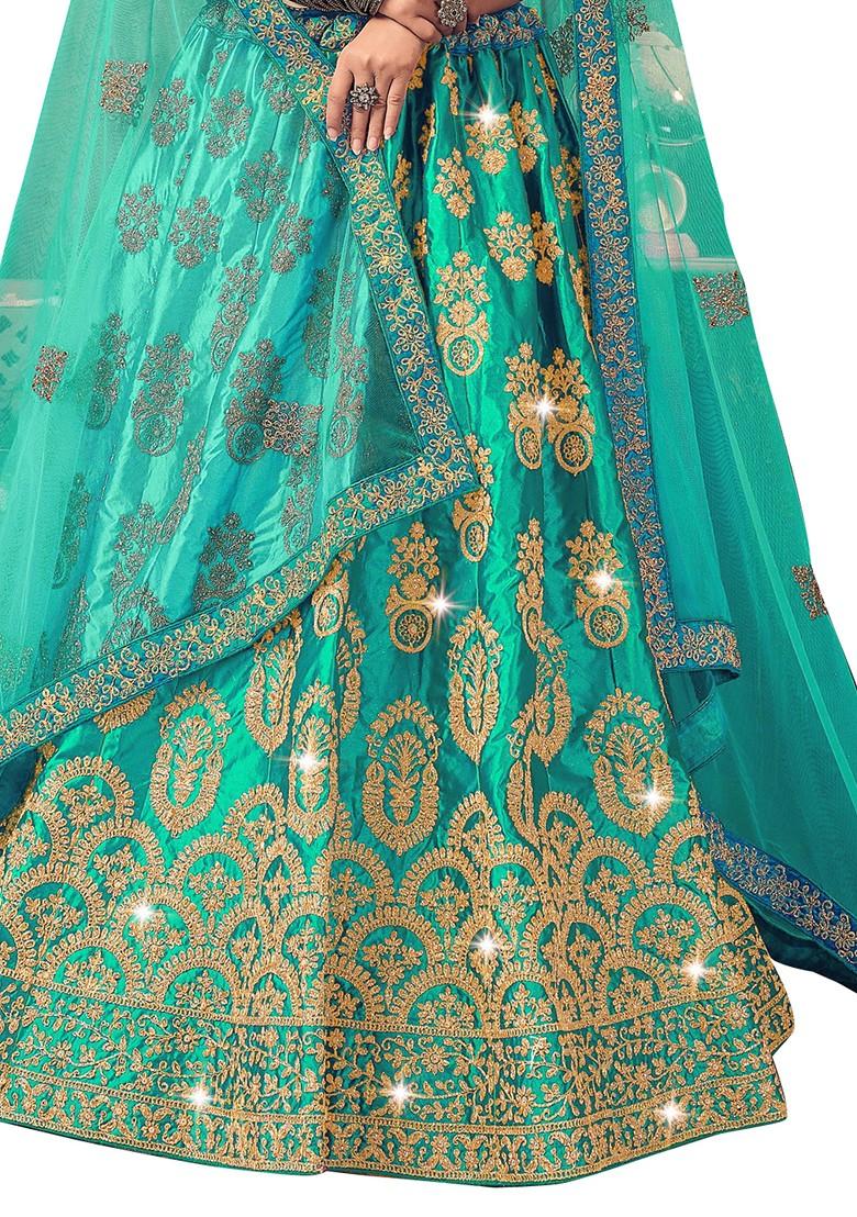 Firozi Embroidered Satin Silk Lehenga Set