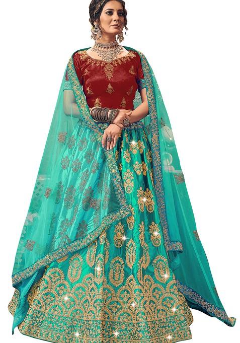 Firozi Embroidered Satin Silk Lehenga Set