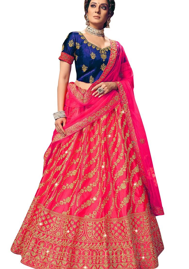 Pink Embroidered Satin Silk Lehenga Set