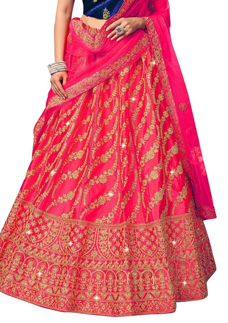 Pink Embroidered Satin Silk Lehenga Set