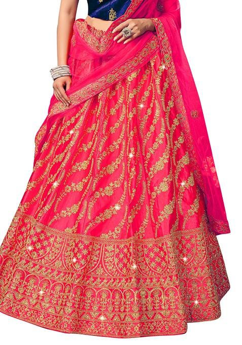 Pink Embroidered Satin Silk Lehenga Set