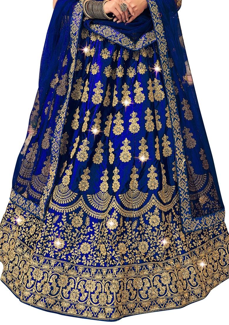 Blue Embroidered Satin Silk Lehenga Set - Indya
