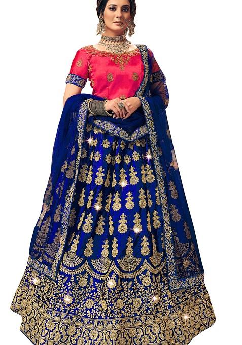 Blue Embroidered Satin Silk Lehenga Set