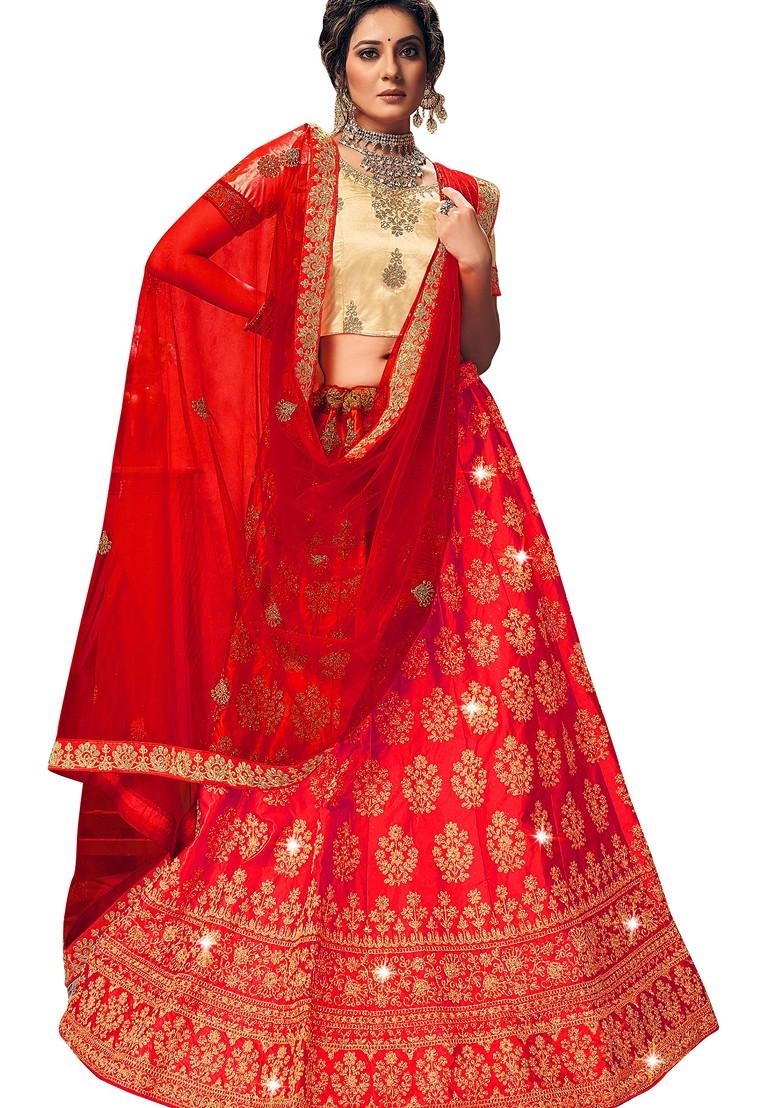 Red Embroidered Satin Silk Lehenga Set
