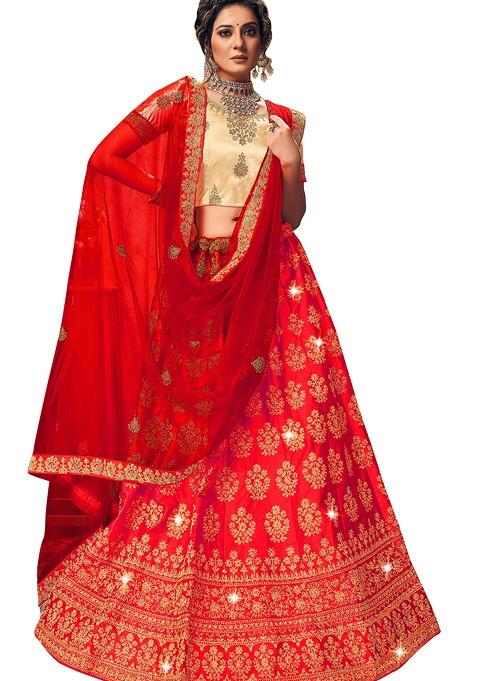 Red Embroidered Satin Silk Lehenga Set