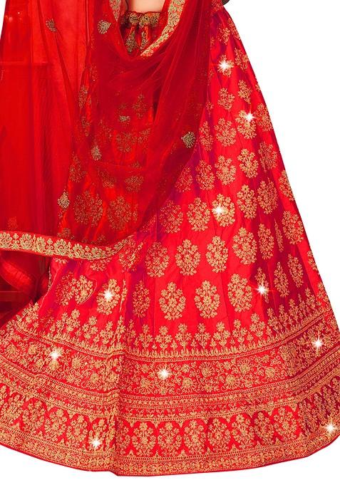 Red Embroidered Satin Silk Lehenga Set